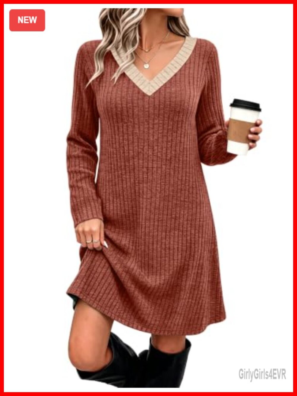 Ribbed Knit Sweater Dress Long Sleeve V Neck Casual Fall Tunic